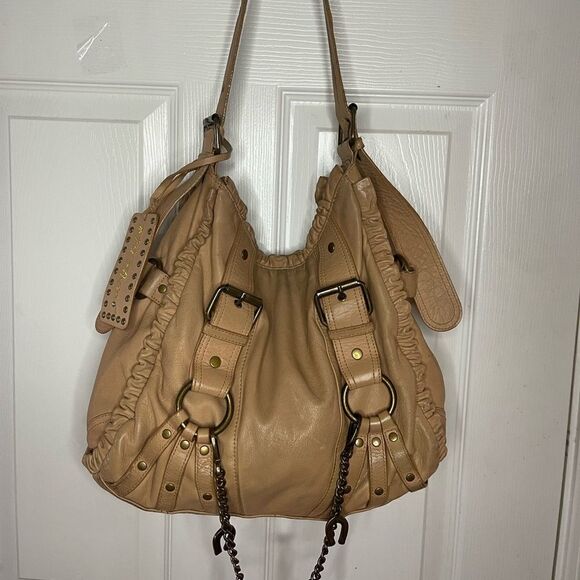 Betsey Johnson Vintage leather Tan Hobo large Shoulder Chain,& horseshoe accent - Picture 4 of 16